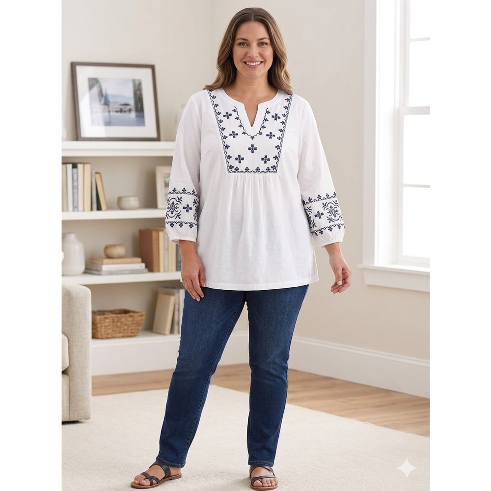 Croft & Barrow White Embroidered Boho V-Neck Blouse XL